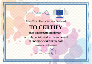 certyfikat Code Week 2021 dla p. Katarzyny Buchman